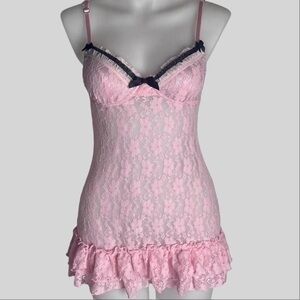 size small pink lace babydoll slip dress with black ribbon